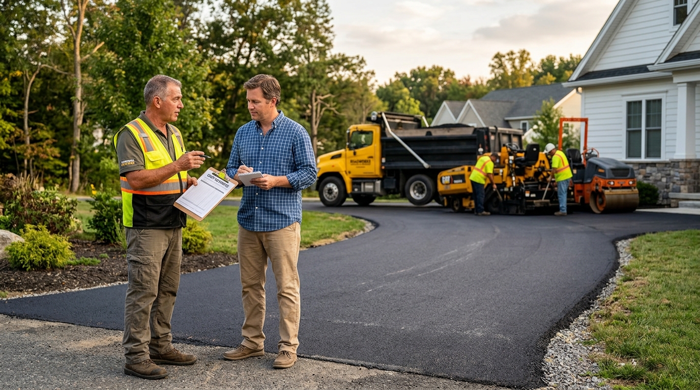 Fresh asphalt driveway paving job with roller and crew in a residential neighborhood