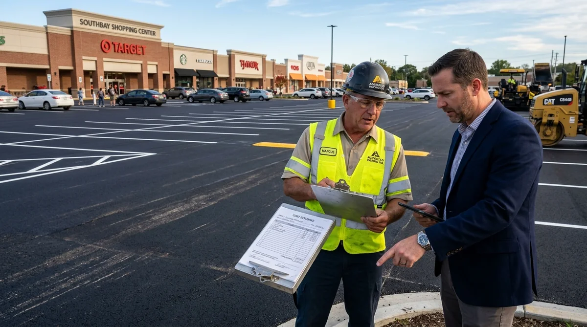 Professional contractor estimating asphalt parking lot paving costs for a commercial property