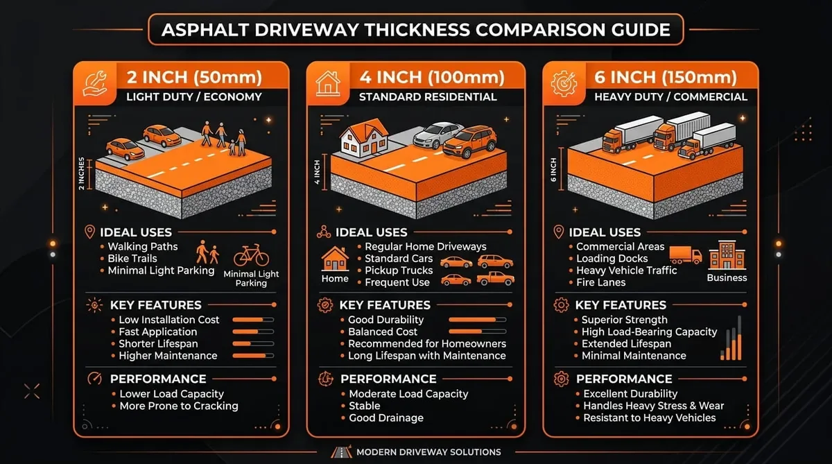 Asphalt driveway thickness comparison chart showing 2 inch 4 inch and 6 inch options