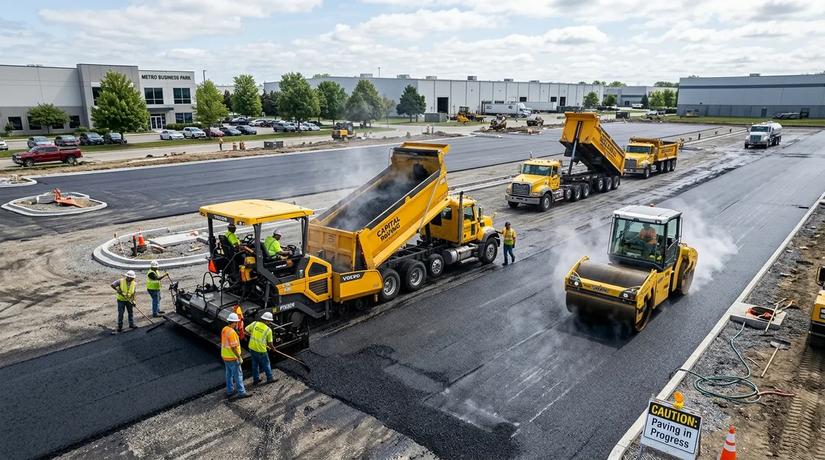 Large commercial asphalt parking lot paving project