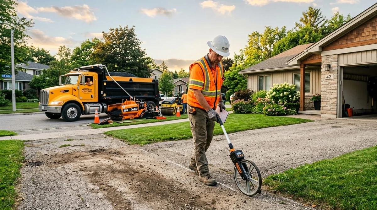 Contractor measuring driveway area before asphalt paving