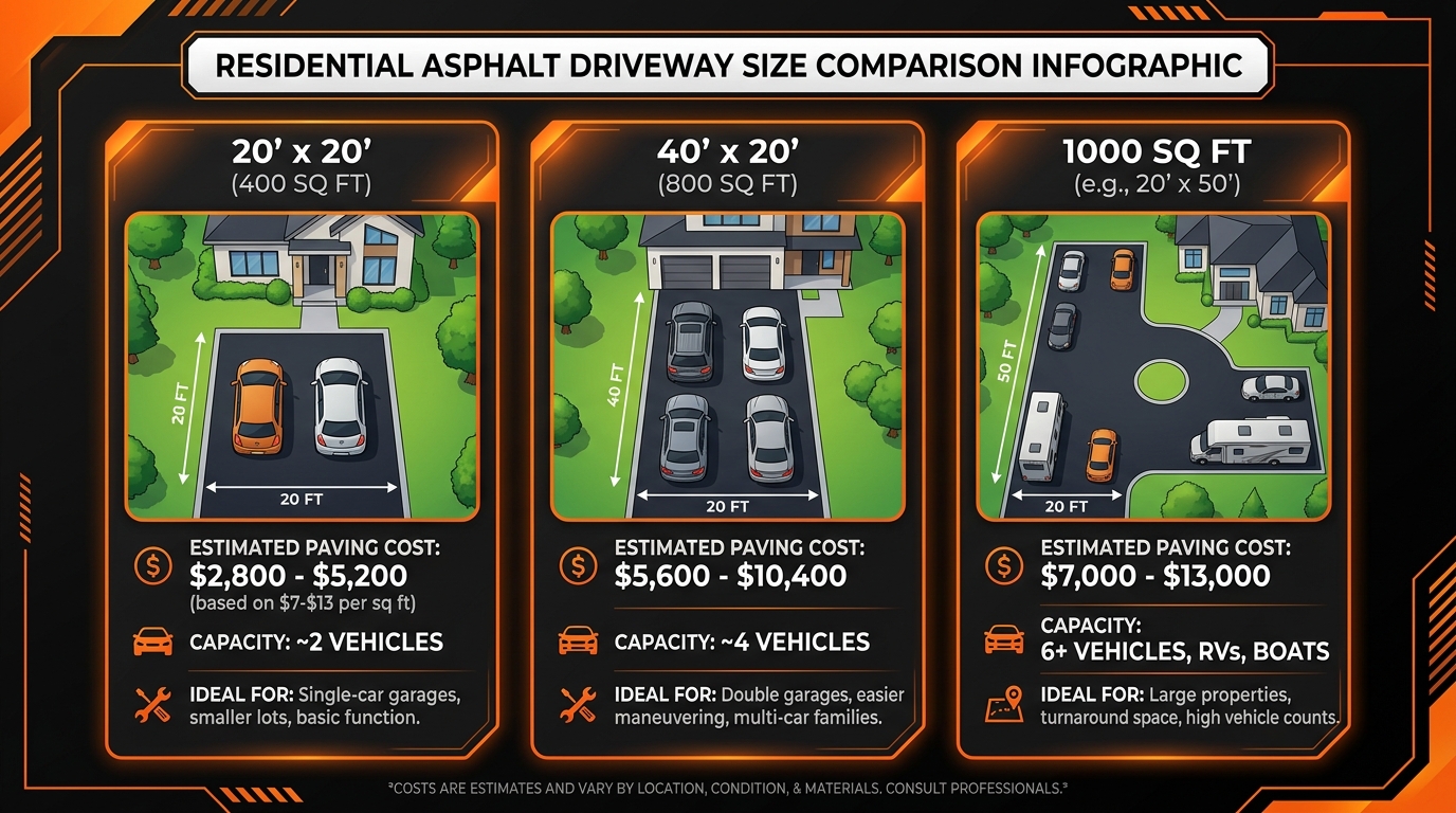 Asphalt driveway cost comparison chart for different driveway sizes and thicknesses