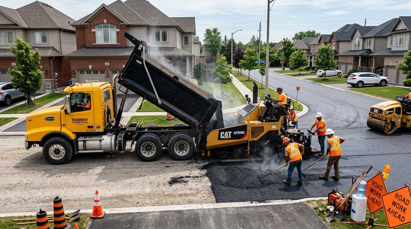 Dump truck delivering hot mix asphalt for a residential driveway paving project