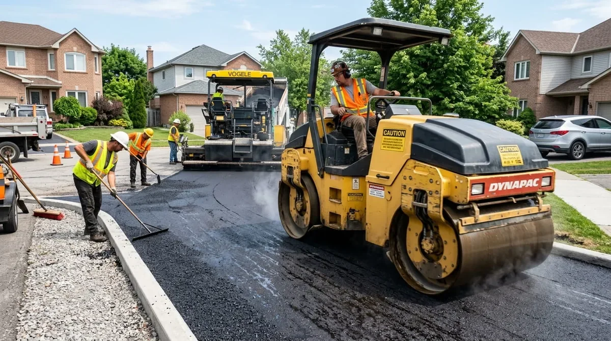 Crew laying and compacting fresh asphalt on a residential street